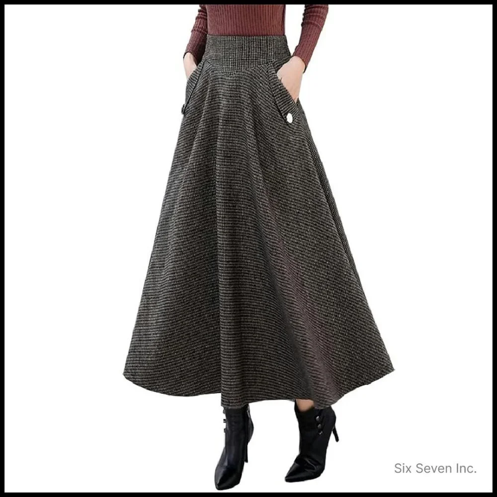 Wool Plaid Mini Skirt High Waisted Bodycon Pencil Skirt Elegant Chic